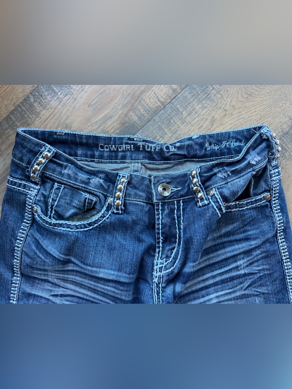Cowgirl Tuff Women's Blue Boot Cut Jeans with Baby Blue Side Stitch Trim
